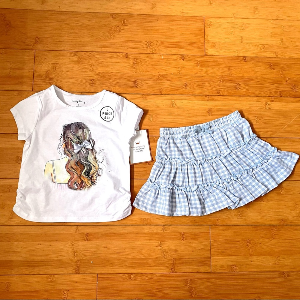 NWT Girls Size 5 Outfit - Tee Top & Blue Gingham Skorts Set